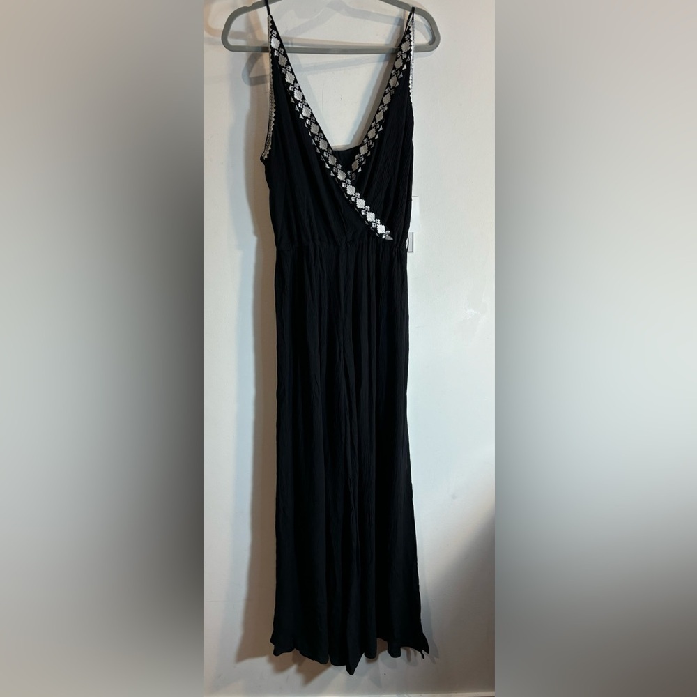 1 STATE Sz L Jumpsuit 100% Rayon Slub Embroidery Gipsy Night Rich Black NEW